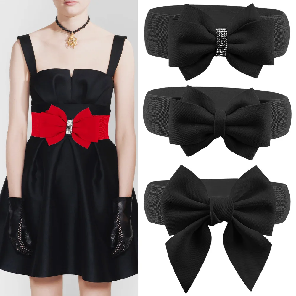 

Декоративный пояс с бантом и юбкой, инкрустированный стразами, женский красный эластичный пояс с широкой талией, ремни-цепочки для женщин