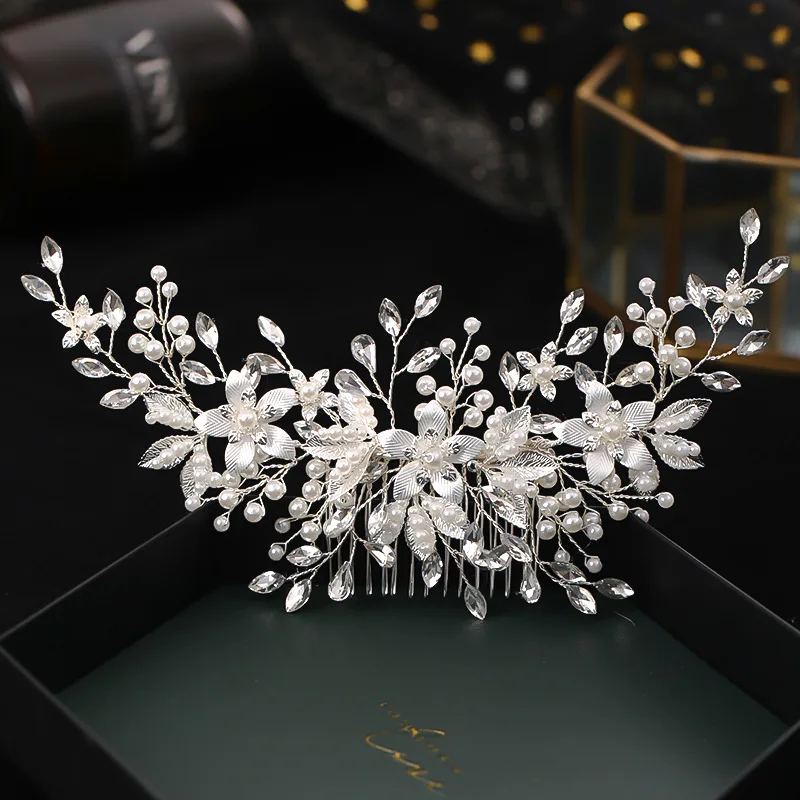Bride Silver Flower Comb Handmade Pearl Hairpin bridal hair accessories hair accessories