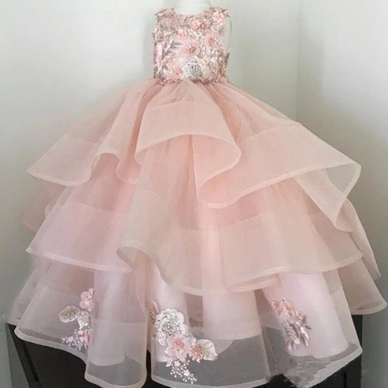 

Flower Girl Dresses Pink Tulle Applique 3D Flowers Tiered Sleeveless For Wedding Birthday Party Banquet Princess Gowns