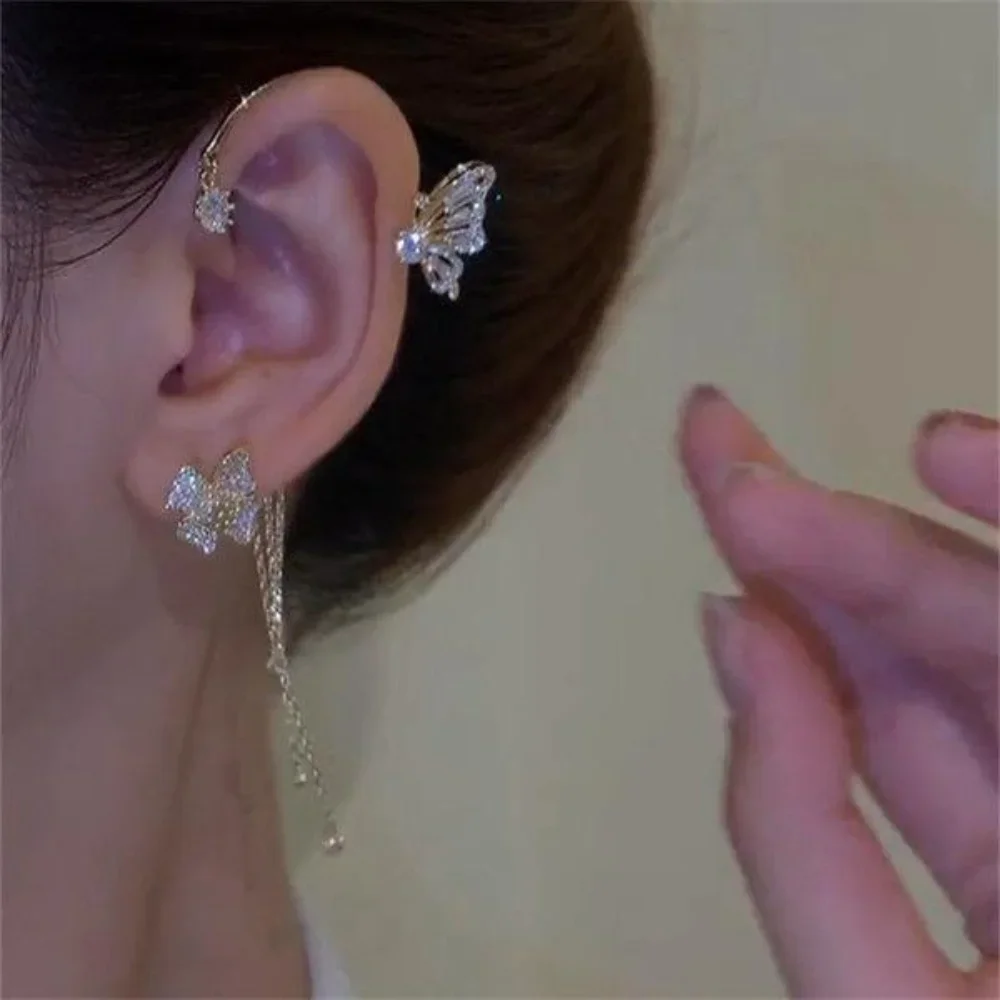 Shiny Zircon Butterfly Ear Cuff Gold Color Tassel Clip Earrings For Women Korean Copper Without Piercing Fashion Jewelry