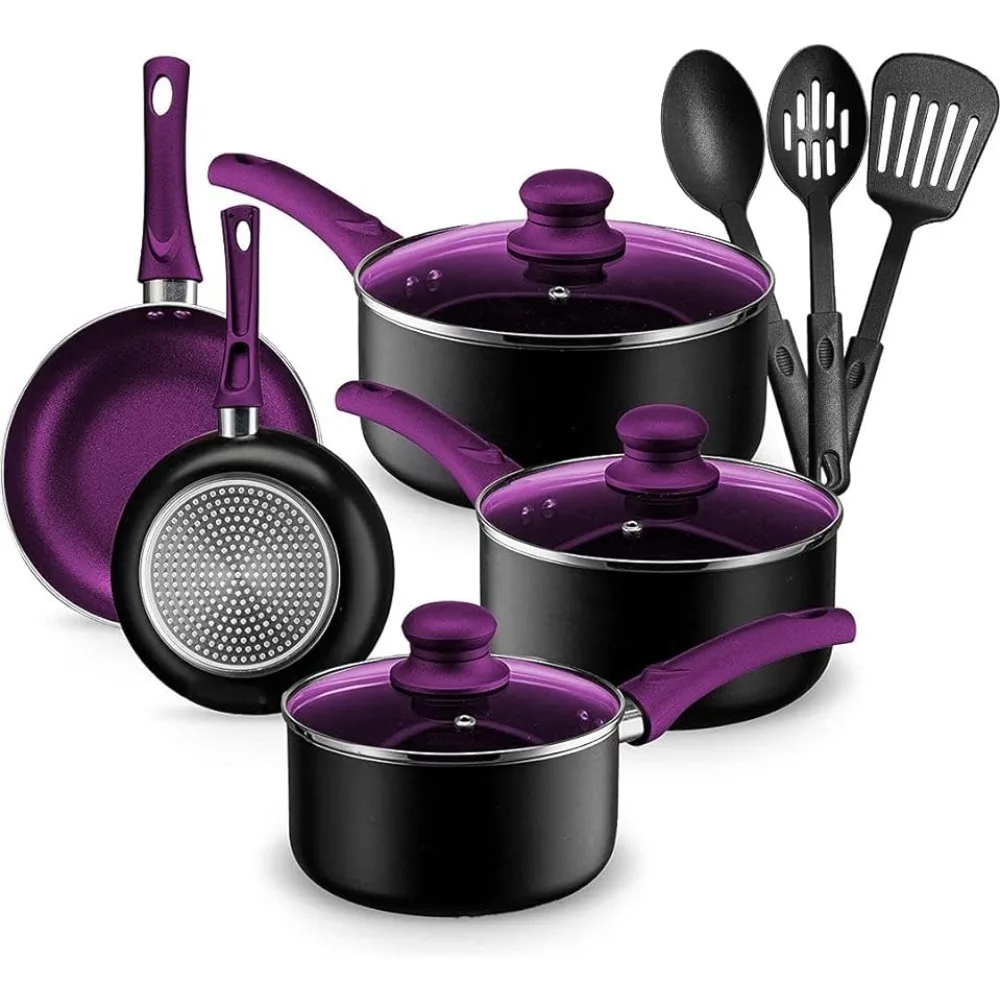 

Chef's Star Pots And Pans Set Kitchen Cookware Sets Nonstick Aluminum Cooking Essentials 11 Pieces Purple