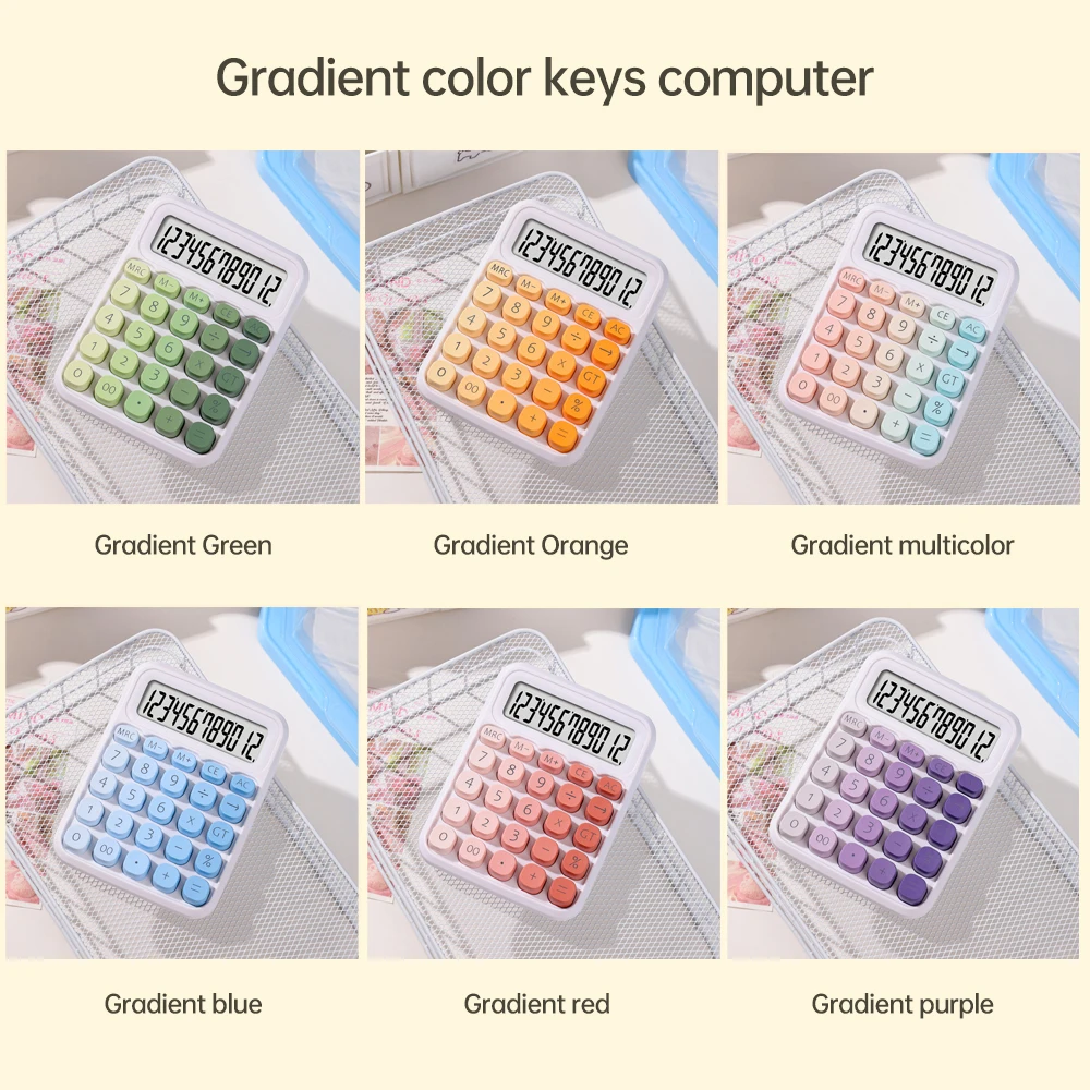 【Sale】Cute Calculator 12 Digit Large LCD Display Big Round Button Gradient Candy Colored Dual Power Supply Calculator for Office