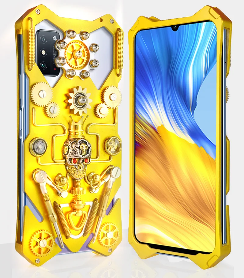 

New Metal Steel Machinery Armor Metal Aluminum For Honor 10x Max 30 Lite Play4 Purely Handmade Skull Shell CASE Cover