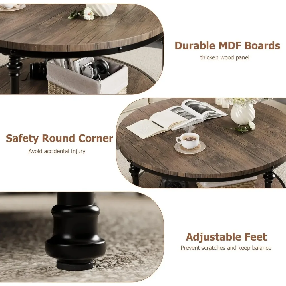 Round Coffee Table for Living Room Rustic Center Table with Storage Shelf Wood Circle Coffee Table , Easy Assembly 3