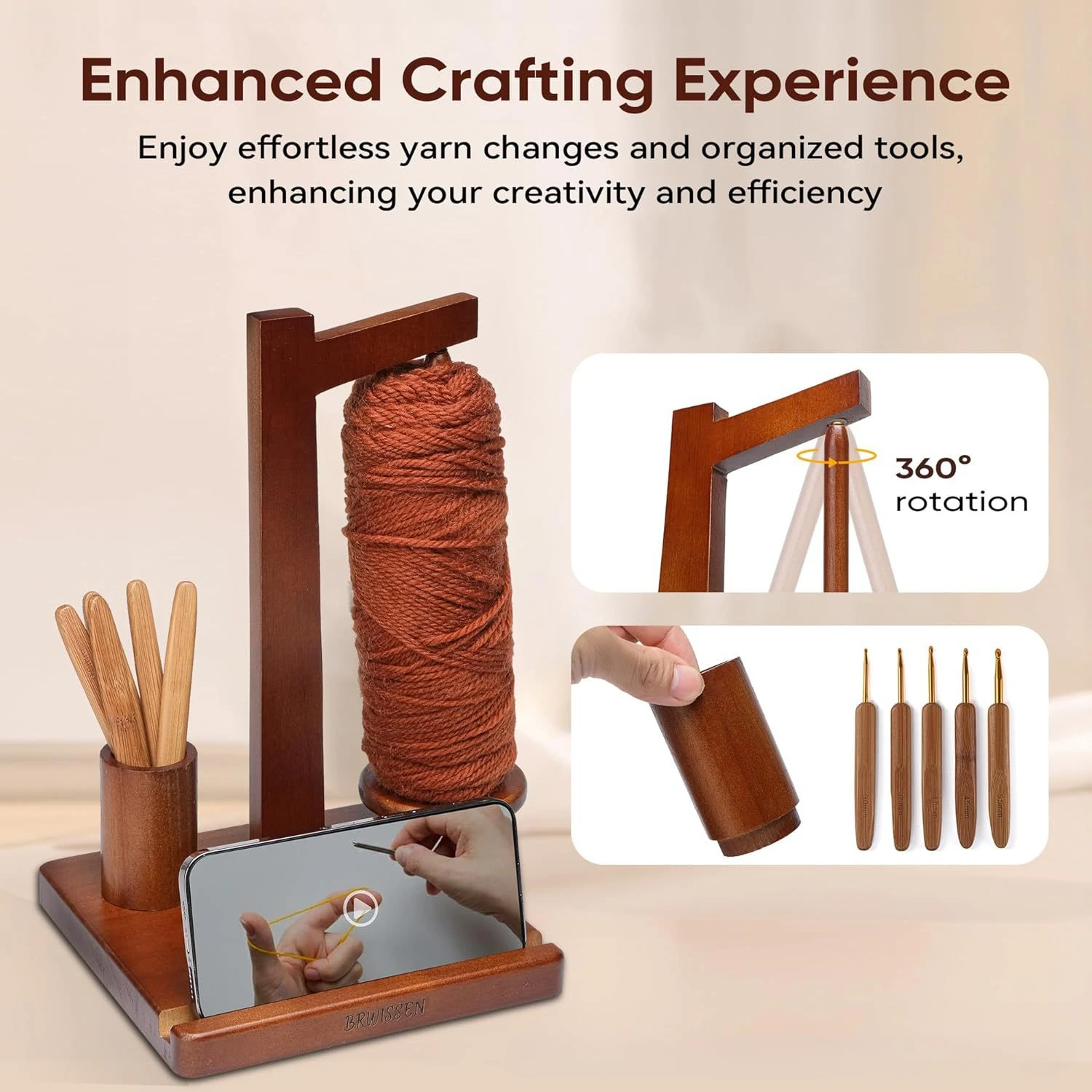360&deg; Rotation Spinner Wooden Yarn Holder Spinning Knitting Tools Crochet Holder Rotating Magnetic Thread Spool Wool Ball Winder