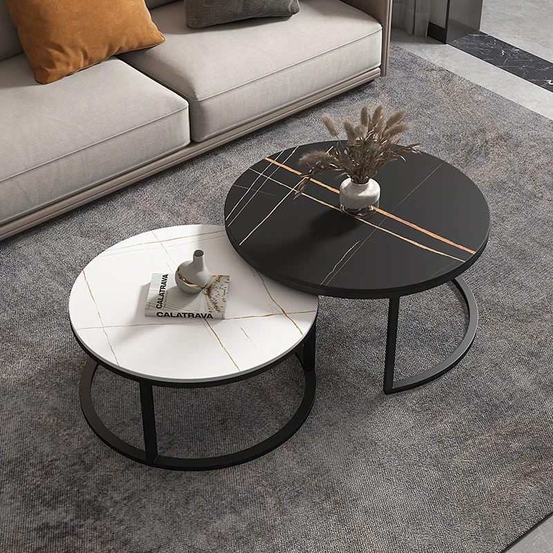 

2pcs Light Luxury Marble Slate Tea Coffee Tables Minimalist Sofa Side Table Modern Round Center Table for Living Room Furniture