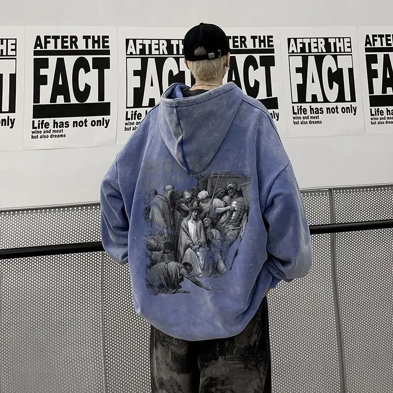 American y2k worship godfather retro hooded plus velvet thickened loose sweater hoodie tide brand autumn wash old hiphop