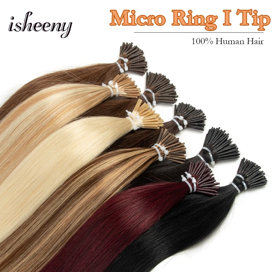 isheeny 12-20 inches Micro Ring I Tip Hair Extensions Real Natural Straight Hman Hair Pre Bonded Stick Tip 50pcs/pack