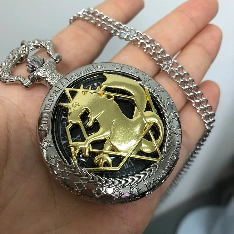 Hohl Silber Gold Ton Fullmetal Alchemist Taschenuhr Cosplay Hohl Edward Elric Anime Design Anhänger Halskette Kette Uhren – Detail 11