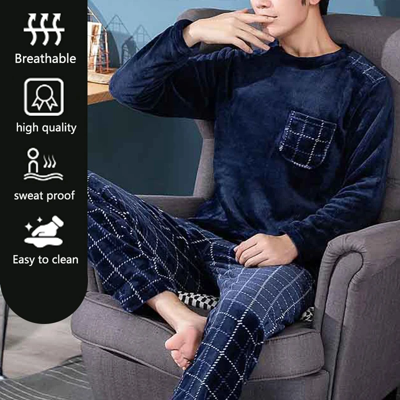 Man Pajamas Set 2pcs/Set Fall And Winter Facecloth Men's Pajamas Padded Thickened Warm Long-Sleeved Teenagers Coral Fleece Homewear boy clothes