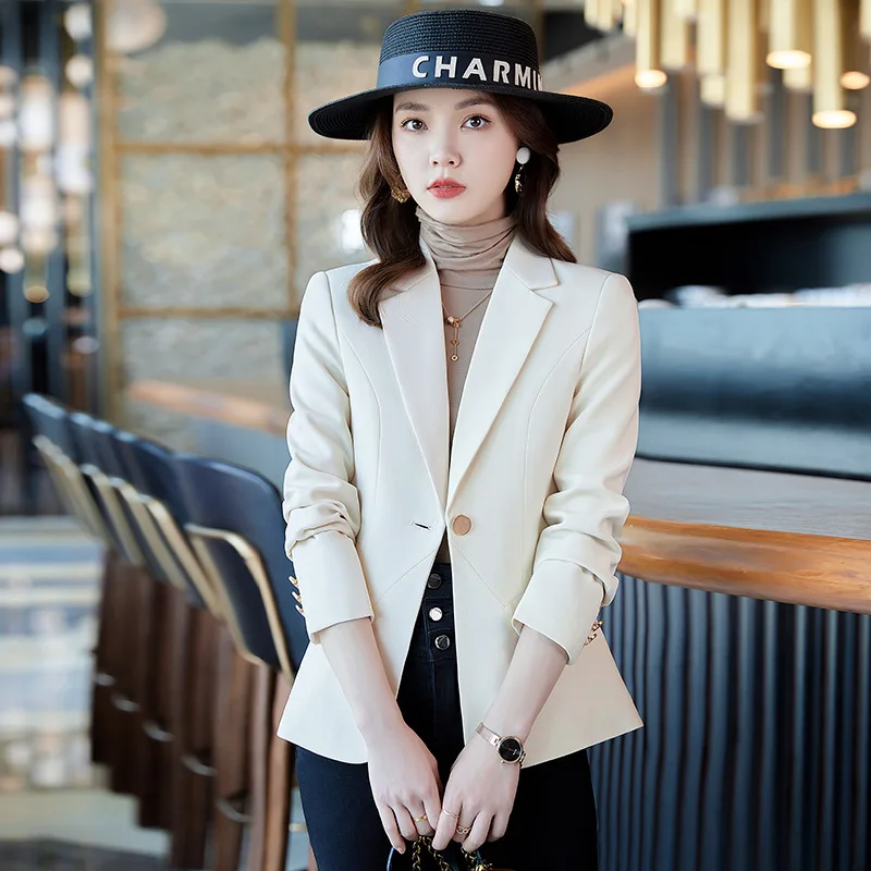 High Quality Coffee Beige Black Ladies Single Button Blazer Jacket Women Female Solid Long Sleeve Business Work Wear Formal Coat