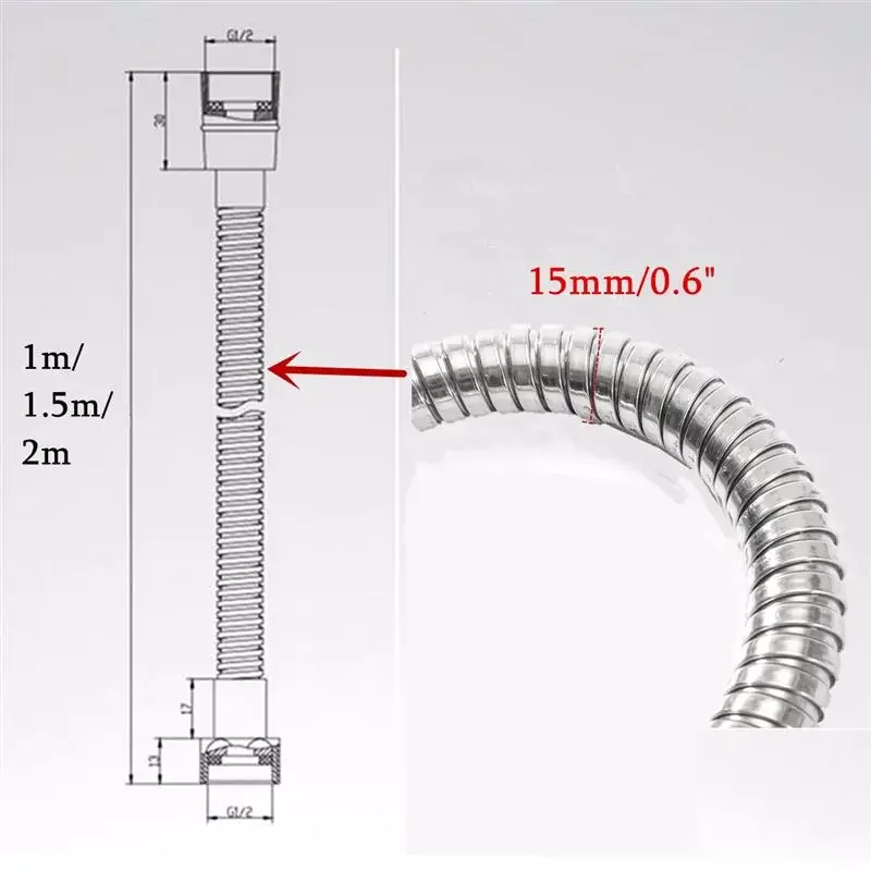 1m/1.5m/2m Flexible High Quality Shower Hose Stainless Steel Chrome Bathroom Water Head Shower Head Pipe Tool Shower Accessories 5