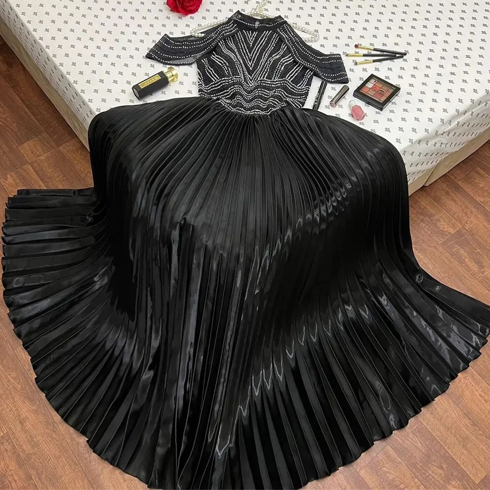 

Temperament Prom Gown Pleat Lace A-line Sleeveless Round Neck Illusion Evening Dresses Party For Women فساتين الحفلات