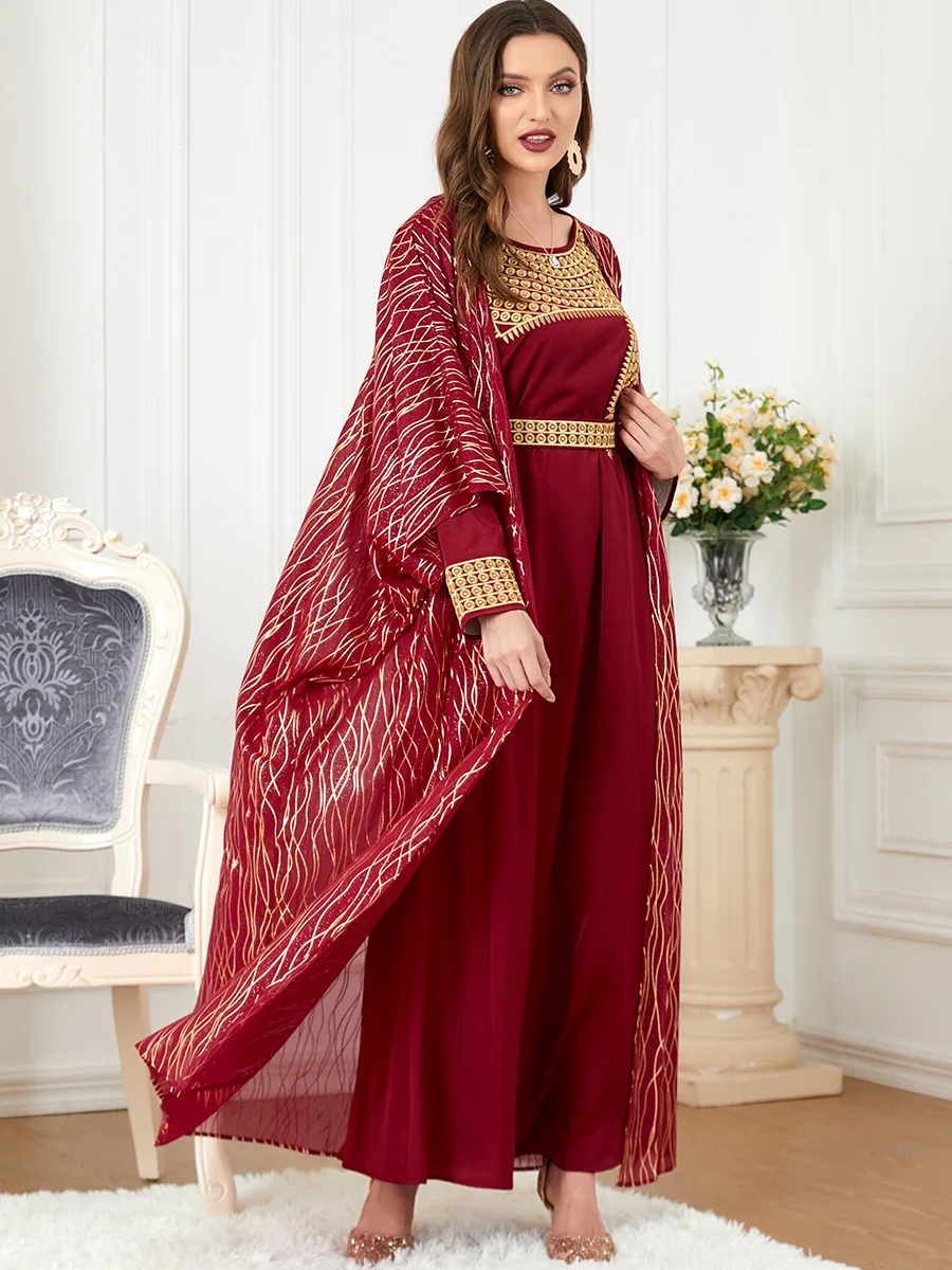 Elegant Casual Women's Dresses Abayas for Women Luxury 2 Piece Muslim Sets Embroidery Belted Kaftan Islamic Dresses Ramadan