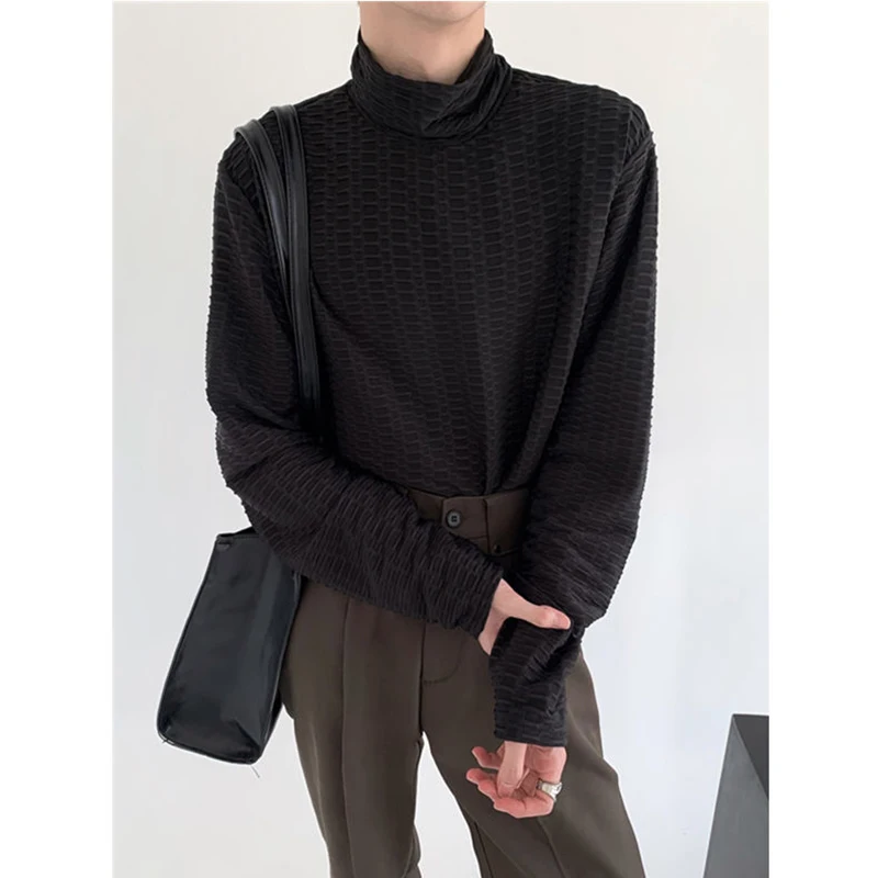 Fall Winter High Neck All-match Plaid Texture Casual Long Sleeve Men Harajuku Fashion Oversized 2023 Trend Solid Vintage 90s Top