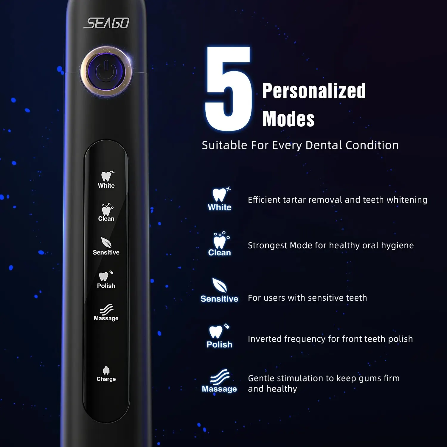 Seago Sonic Toothbrush Electric Toothbrush Cleaning Teeth 5 Modes with 4 Replaceable Brush Heads 2 Min Timer IPX7 Dental Care