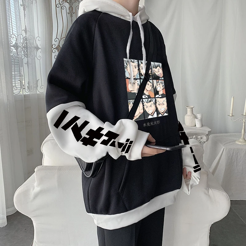 Harajuku Anime Haikyuu Kotaro Bokuto Patchwork Hoodies Manga Shoyo
