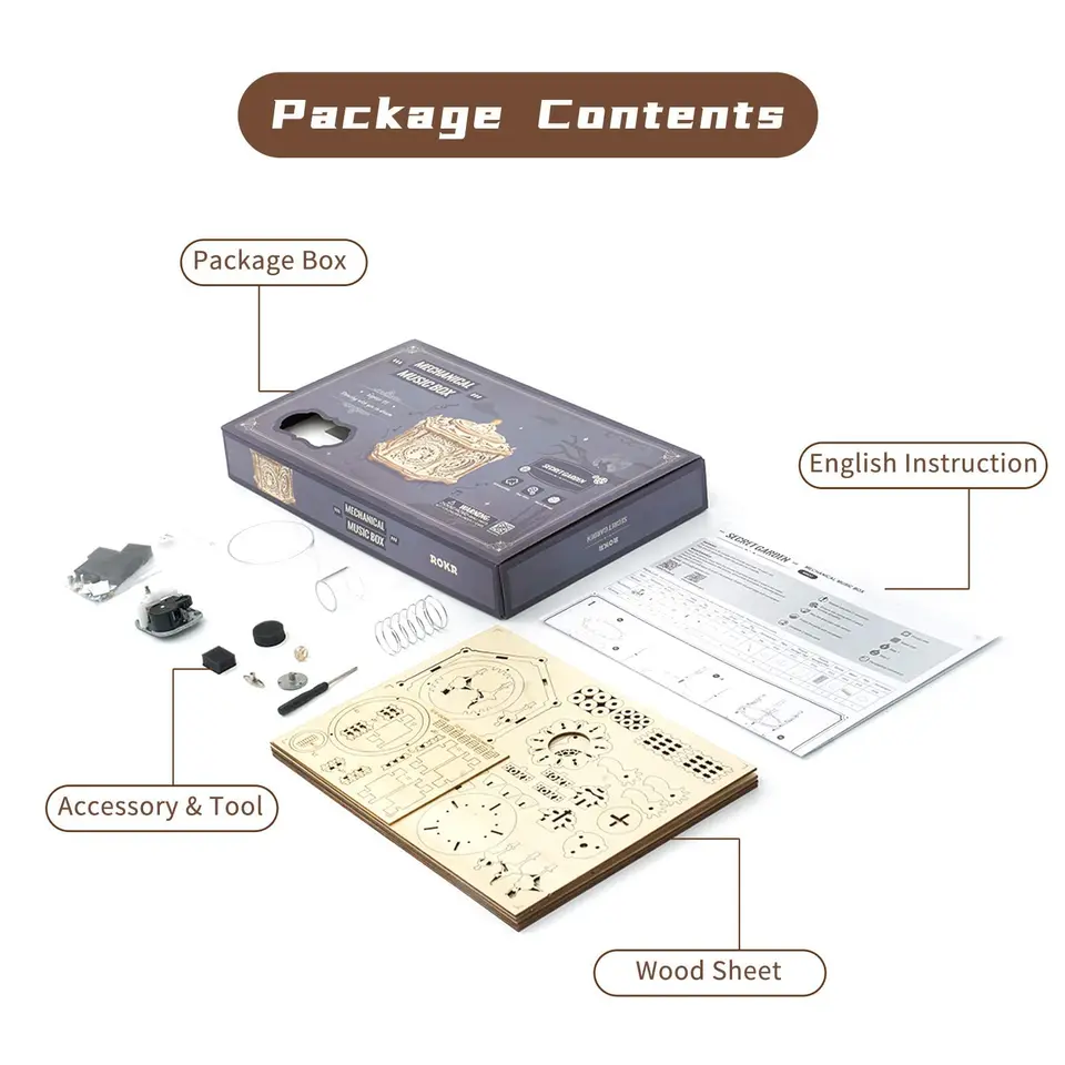 3D木製パズルボックス付きロークメカニカルミュージックボックス
