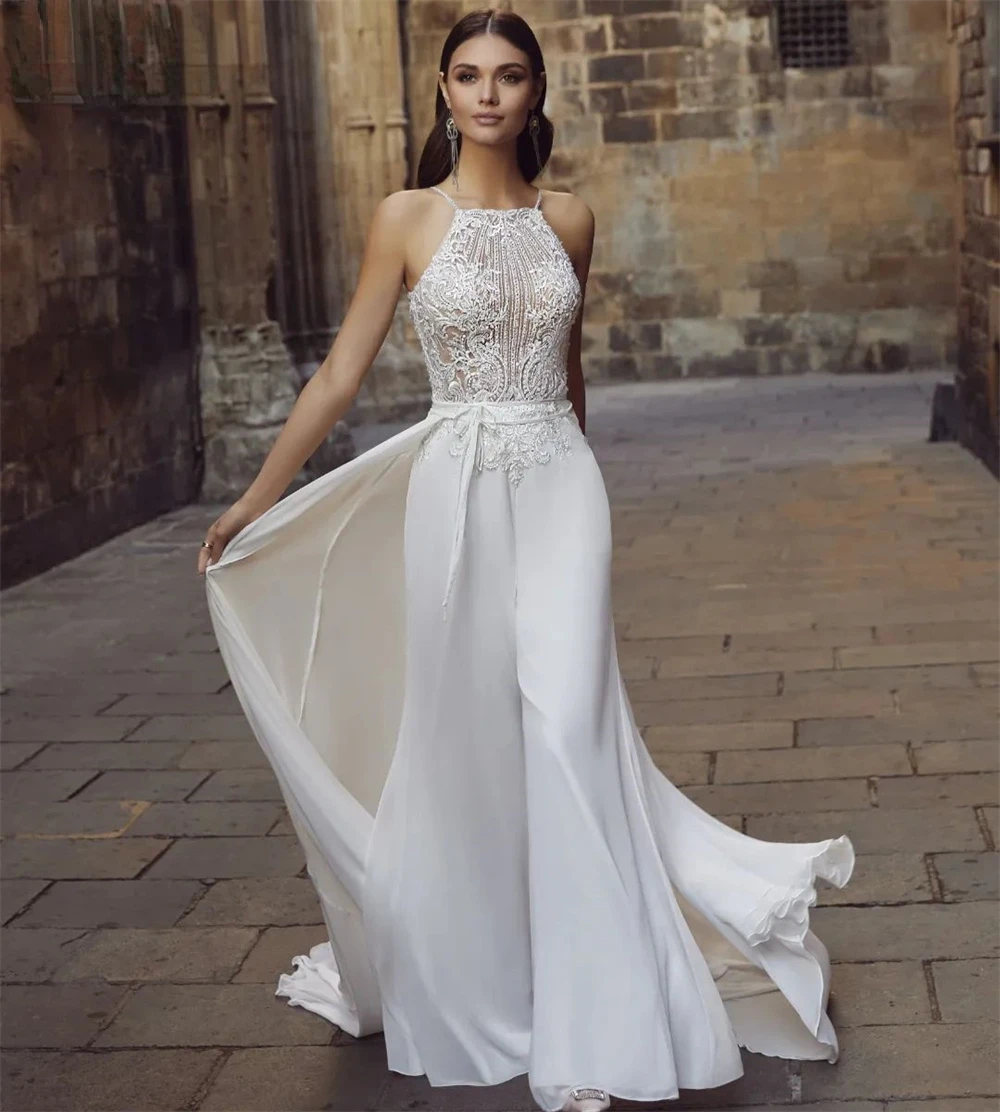 Vestido De Gasa Sin Mangas Con Cuello Halter Ajustable Para