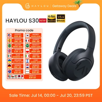 HAYLOU S30 무선 블루투스 5.4 헤드폰, 43dB 적응형 노이즈 캔슬링 헤드셋, 40mm 드라이버, 80H 재생 시간 이어폰