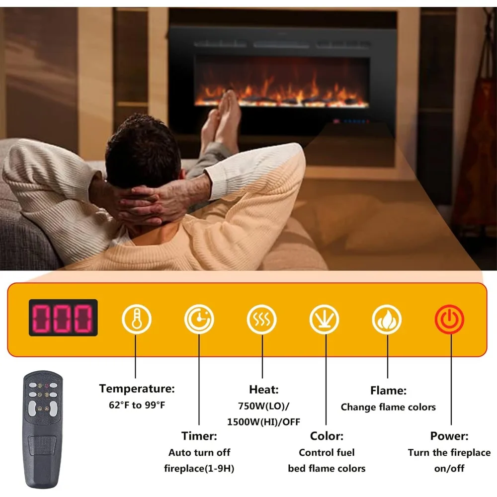 48 Inches Electric Fireplace Inserts, Recessed and Wall Mounted Fireplace Heater for Indoor Use with Remote Control fireplace 4