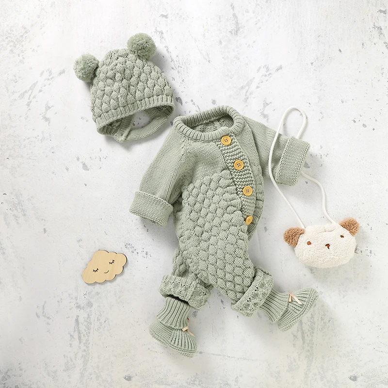 Newborn Baby Romper Shoes Gloves Set Knit Girl Boy Jumpsuit Boot Mitten Solid Toddler Infant Long Sleeve Clothing 4PC Fall 0-18M 2