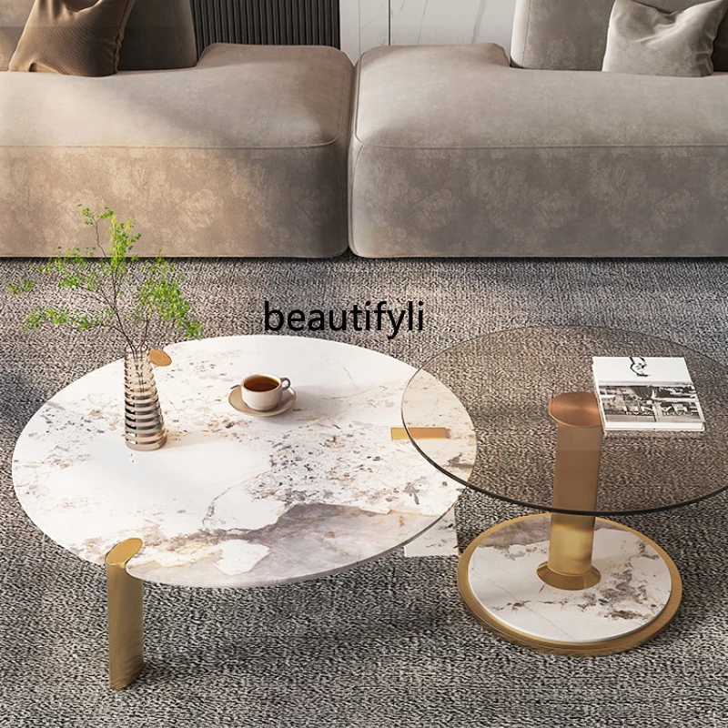 

LBX Italian Style Light Luxury round Stone Plate Coffee Table Modern Minimalist Living Room Tempered Glass Small Coffee Table