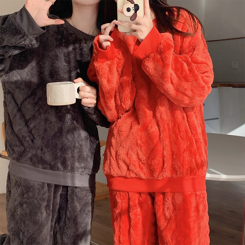 Winter pajamas women's solid evening dress coral velvet new women's pullover thickened jacquard velvet 280g flannel home clothes