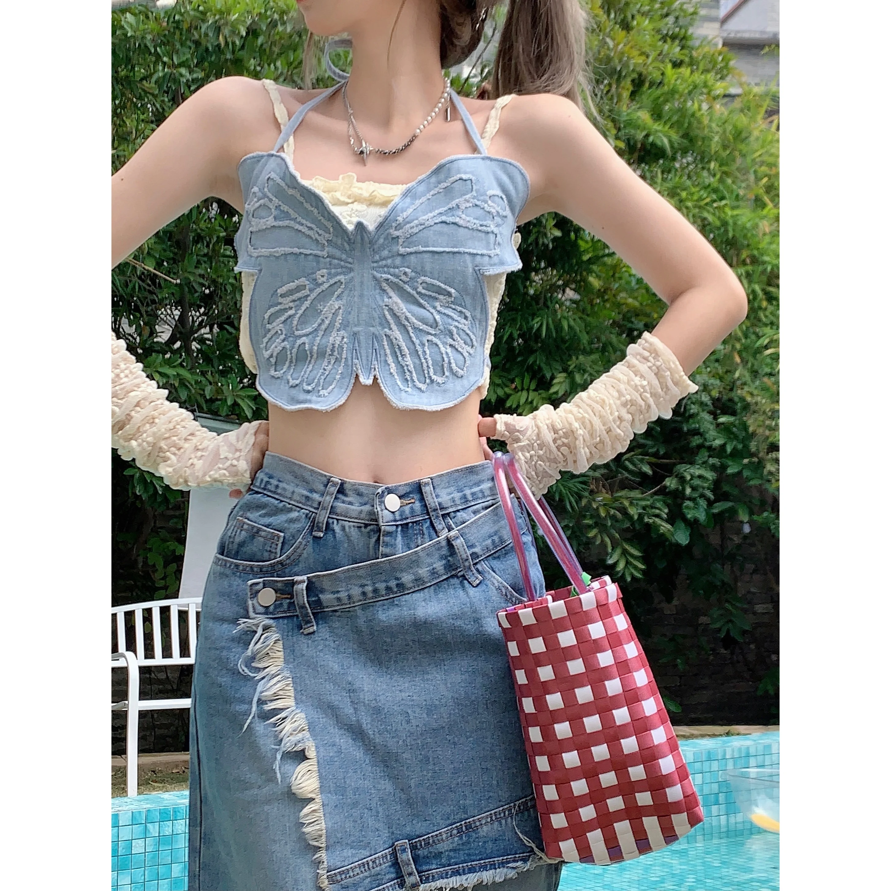 

Fashion 2 Piece Set Women Folds with Sleeve Sling Vest Butterfly Denim Suspender Vest Outfits 2023 Roap Mujer Harajuku Y2k Suit