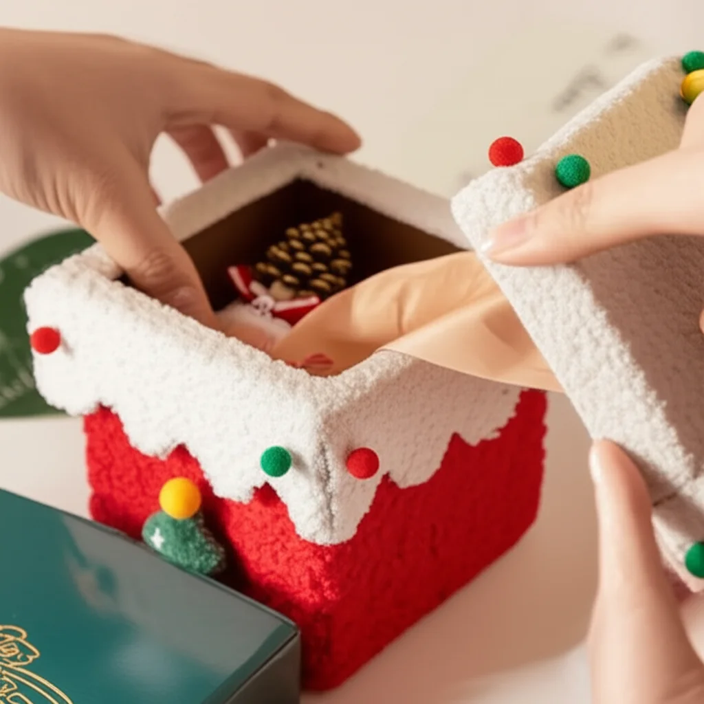 Christmas Gift Box with Felt Plush Reindeer and Ribbon Storage