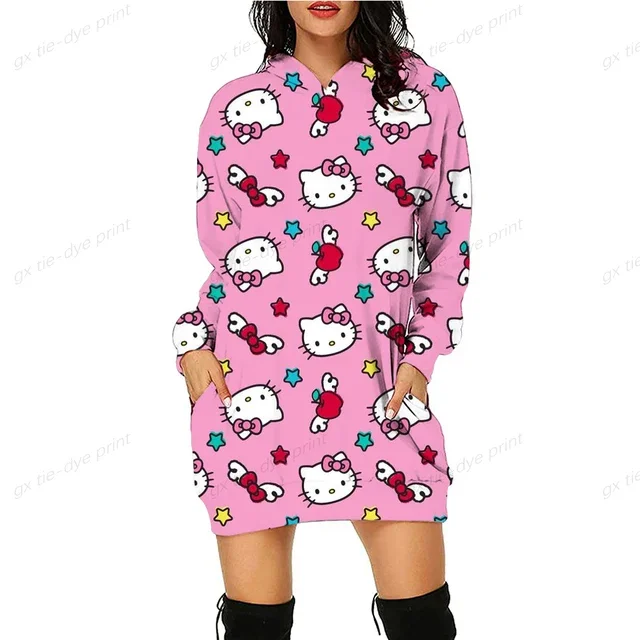 thumbnail image 1 of Vestido sexy hasta la rodilla para mujer, de primavera y otoño, con capucha, manga larga, con bolsillos de HELLO KITTY, vestido sencillo e informal ajustado, 1 of 5