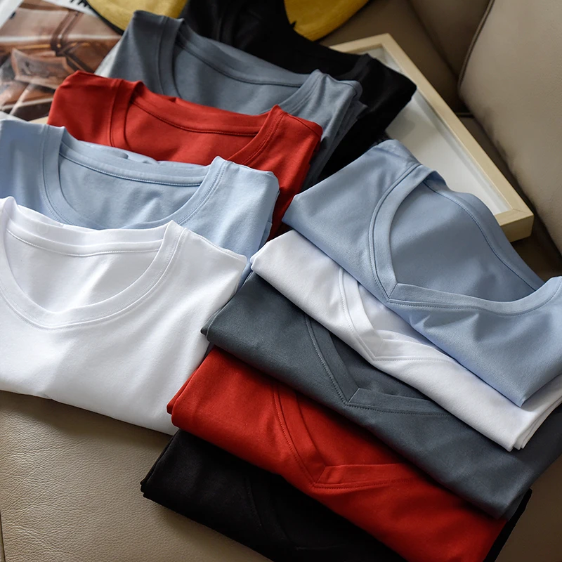 Mulberry Silk Cotton Long Sleeve T-shirt Women Round Neck V-neck Smooth Basic Loose Tops 4