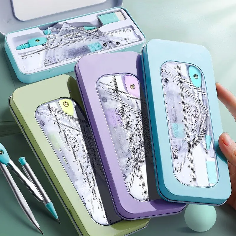 7 Pcs Set Compasses Ruler Protractor Set Student Study Stationery Math Sets Mathematical School Drafting Supplies