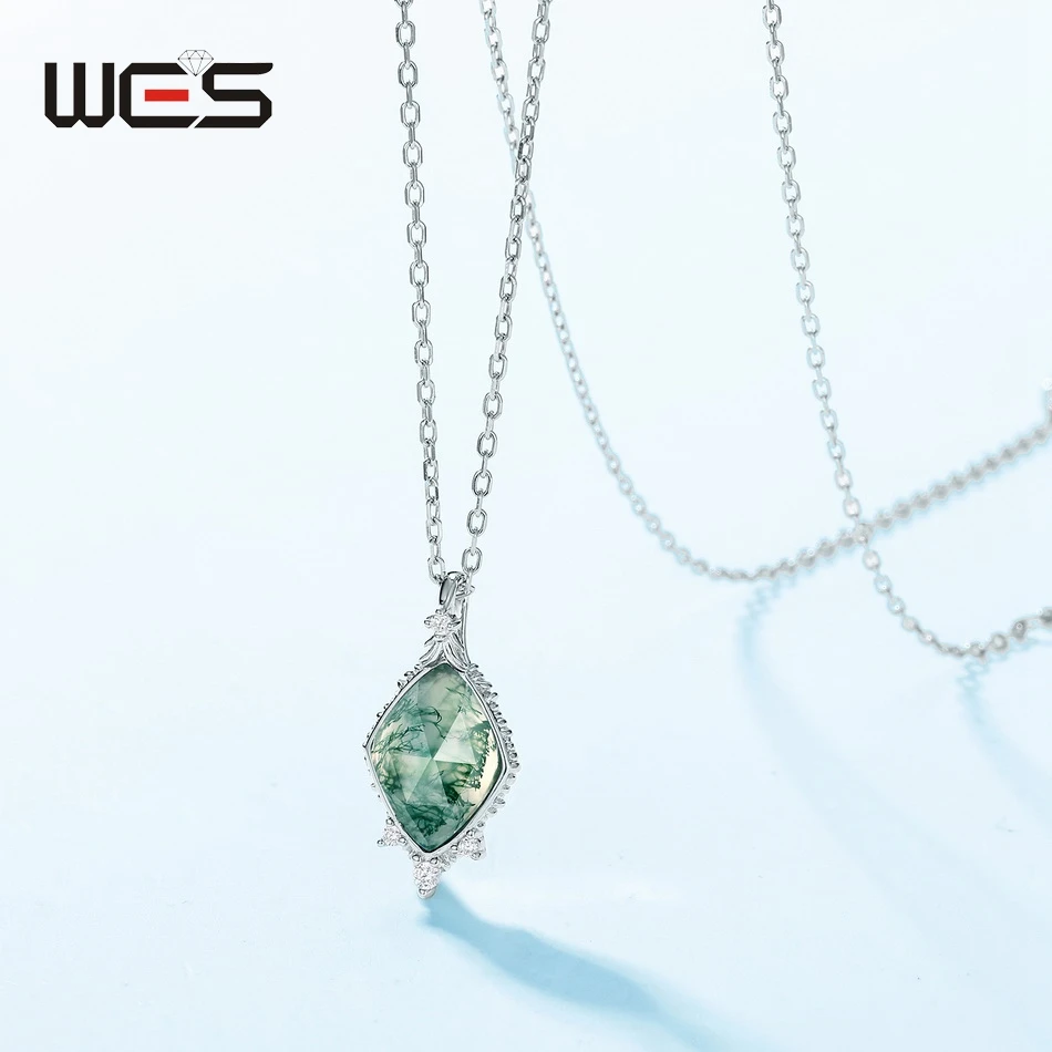 WES 925 Sterling Silver Natural Stone 8*11mm Moss Agate Pendant Necklace for Woman Exquisite Lady Gifts Certified Jewelry 3