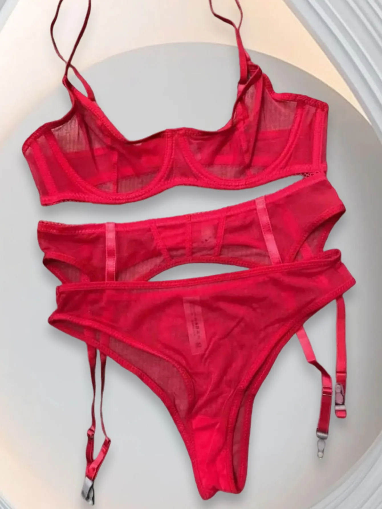 Women Lingerie Set with Garter Belts Sexy Bra and Panty Set See through mesh sheer Lingerie set sexy red