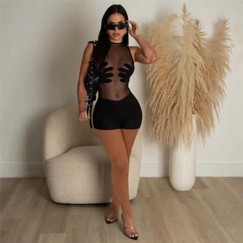 

Sexy Sheer Mesh Patchwork Bodycon Women Jumpsuit Fashion Sleeveless Stretch Shorts One Piece Club Party Streetwear Y2K Romper