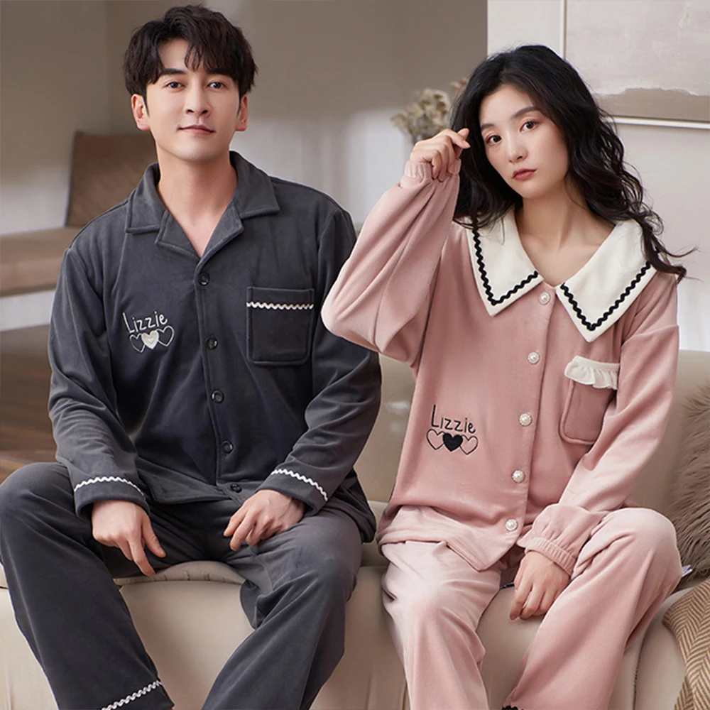 

Delicate Thicken Island Velvet Pajamas for Couples Winter Warm Smooth Pajama Man Sleepwear for sleeping Women's Sweet Pyjama Set