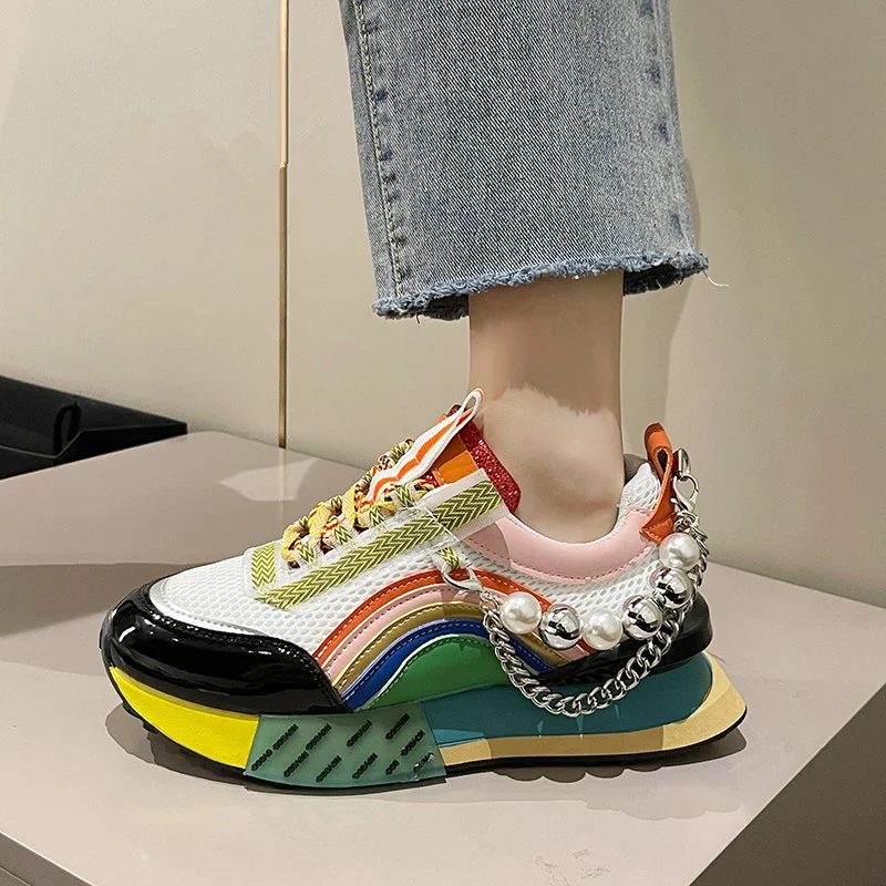 

2023 String Bead Chain Women Jogging Shoes Platform Lace-up Air Mesh Ladies Casual Sneakers Mixed Colors Fashion Chaussure Femme