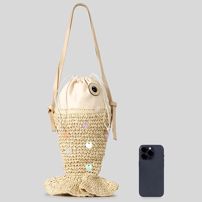 Crossbody Bag Creative Sequins Fish Shaped Straw Women Shoulder Bags Paper Woven Crossbody Bag Cute Summer Beach Bag Small Female Purses