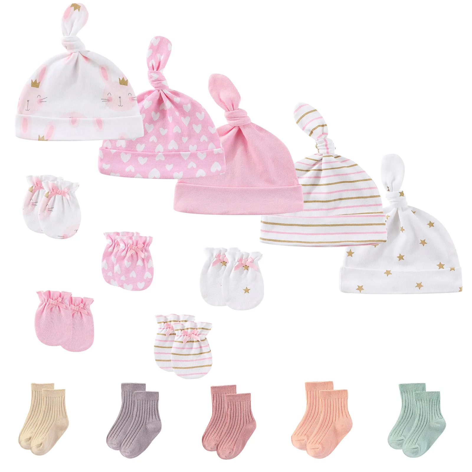 15Pieces New Born Hats+Gloves+Socks Sets 100%Cotton Cartoon Baby Girl Boy Headwear 0-6M Solid Color Infant Supplies Accessories