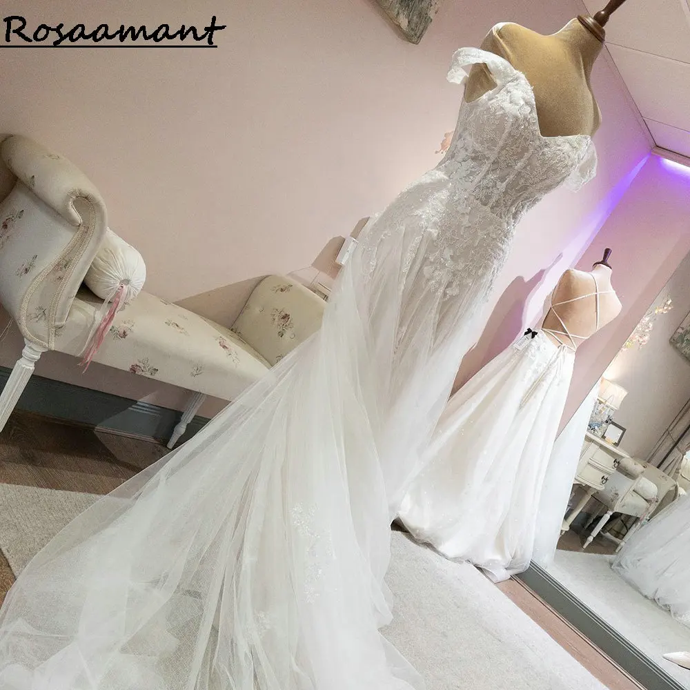 

Кружевные свадебные платья-трапеция с эффектом иллюзии и аппликациями, свадебные платья с открытыми плечами