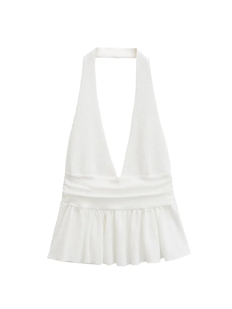 HH Women Vintage Solid Halter Vest Hem Ruffled Lady Sexy Backless Sleeveless V Neck Tops Summer Thin Casual Holiday Chic Top