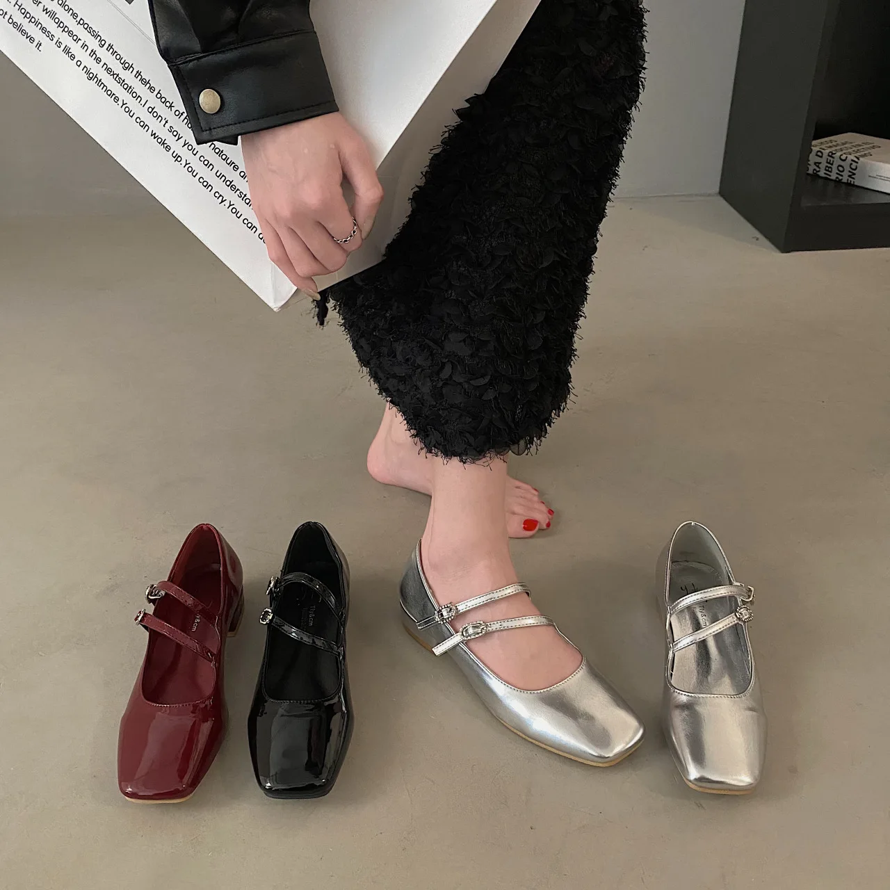 Double Buckle Ballet Shoes 2024 Spring New Women Flat Shoes Fashion Red Elegant Mary Jane Shoes Ladies Dress Outdoor Ballerinas 2