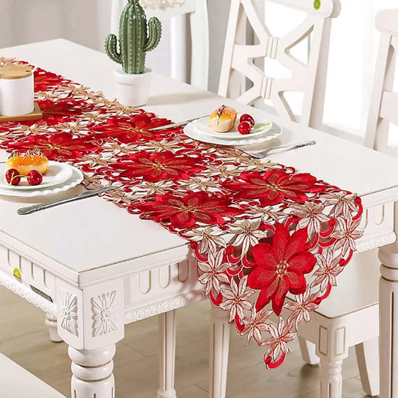 

1 PCS Christmas Decorations Poinsettia Holly Leaf Embroidered Table Linens For Christmas Decorations