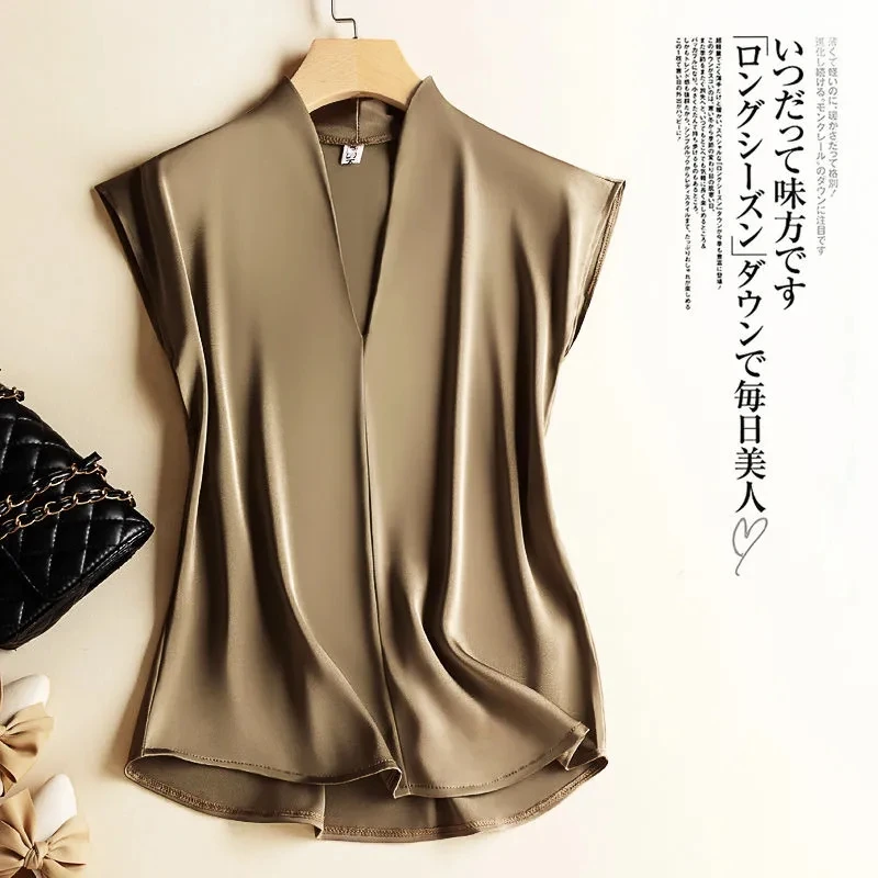 857170-9ed43f.jpeg Coffee Silk Rayon V-Neck Pullover Sleeveless Casual Chic Women's Blouse Shirt Korean Fashion Female Clothing 2024 Summer - Image 1