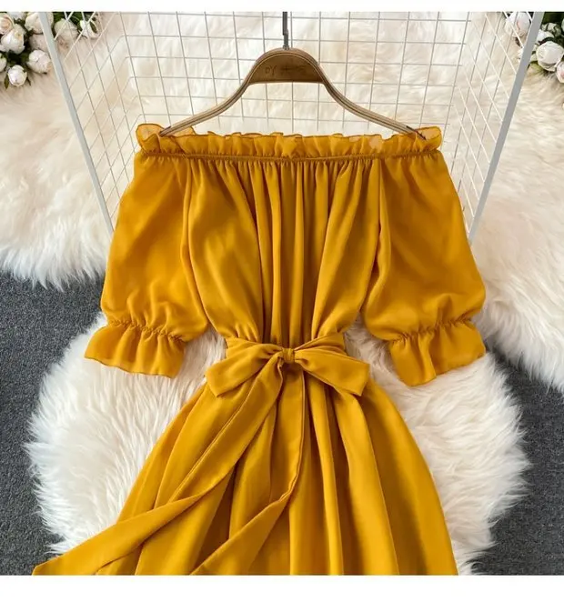 Beach Dress Women Sexy Off The Shoulder Slash Beach Chiffon Dresses Ladies Elegant A Line Bandage Party Dress Long Robe