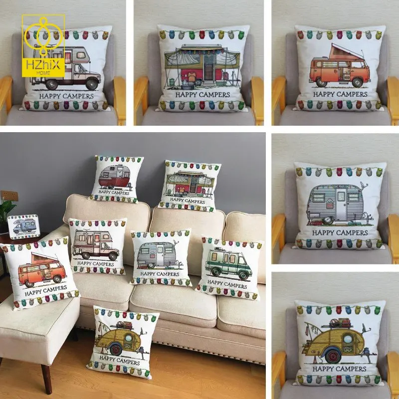 

Happy Campers Pillow Case Lounge Living Room Sofa Pillowcase Car Print Home Office Hotel Decor Soft Cartoon Throw Cushion Cover