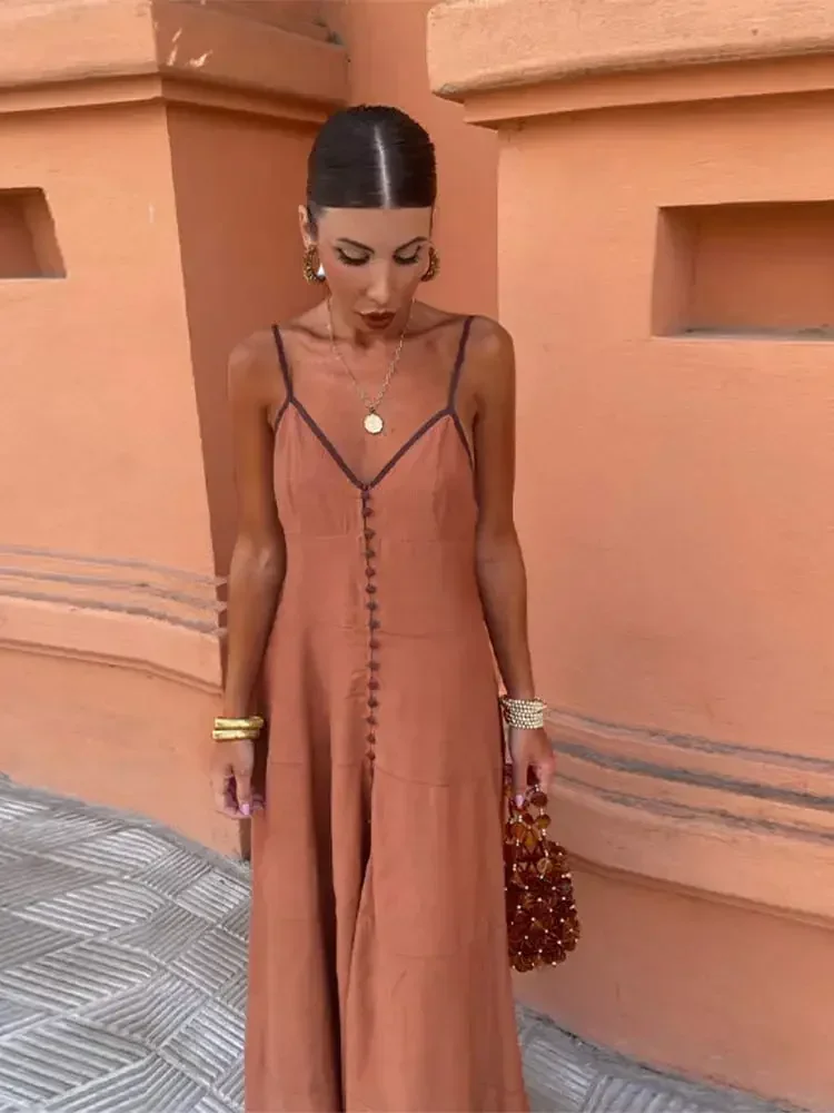 

2024 Khaki Single Breasted Sling Dress For Women Sexy Backless Sleeveless V-neck Long Dresses Summer Female Vocation Party Robes