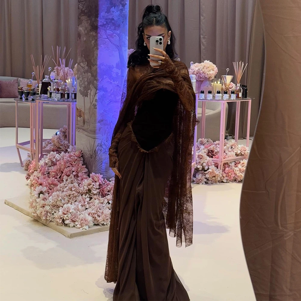 Modern Evening Dresses Brown Velvet Lace Shawl Strapless Mermaid Wedding Party Gowns for Women Pleated Trumpet Formal Party Gown 1