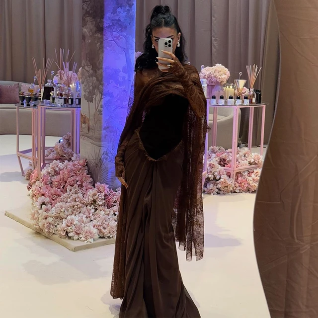 Modern Evening Dresses Brown Velvet Lace Shawl Strapless Mermaid Wedding Party Gowns for Women Pleated Trumpet Formal Party Gown 1